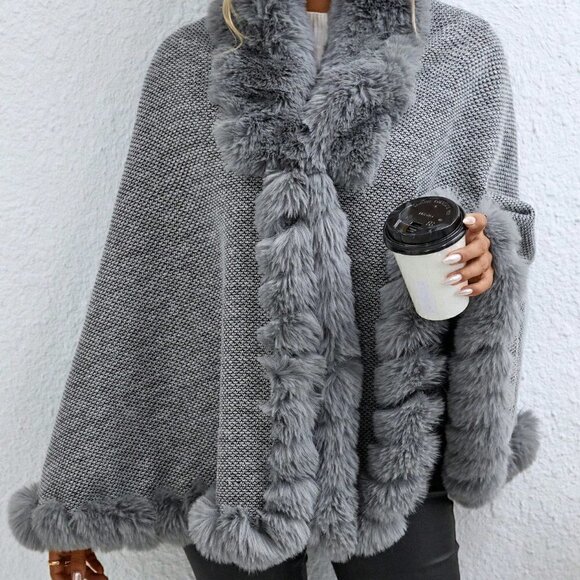 Grey Casual Womens Fuzzy Trim Cape Cardigan - Picture 3 of 5